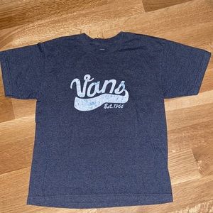 🛹 VANS Off the Wall Boys’ XL Blue Cursive Font Graphic Tee in Distressed Blue
